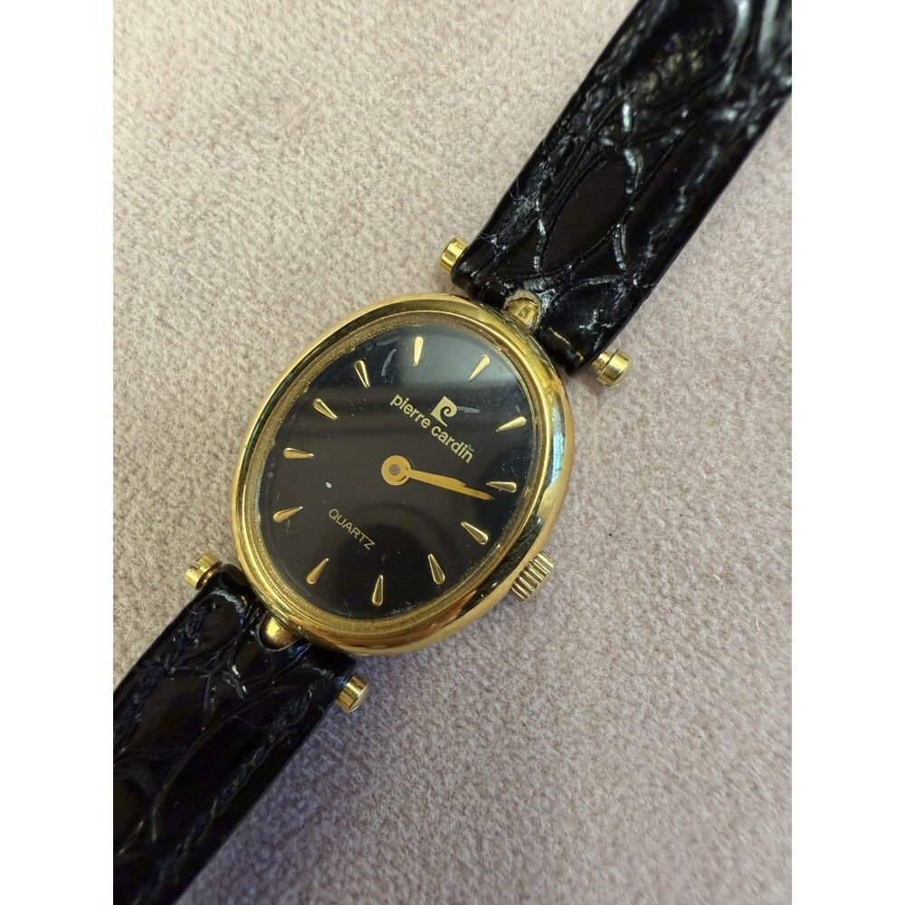 Vintage Pierre Cardin Black and Gold Quartz Watch Black Leather Band New Battery